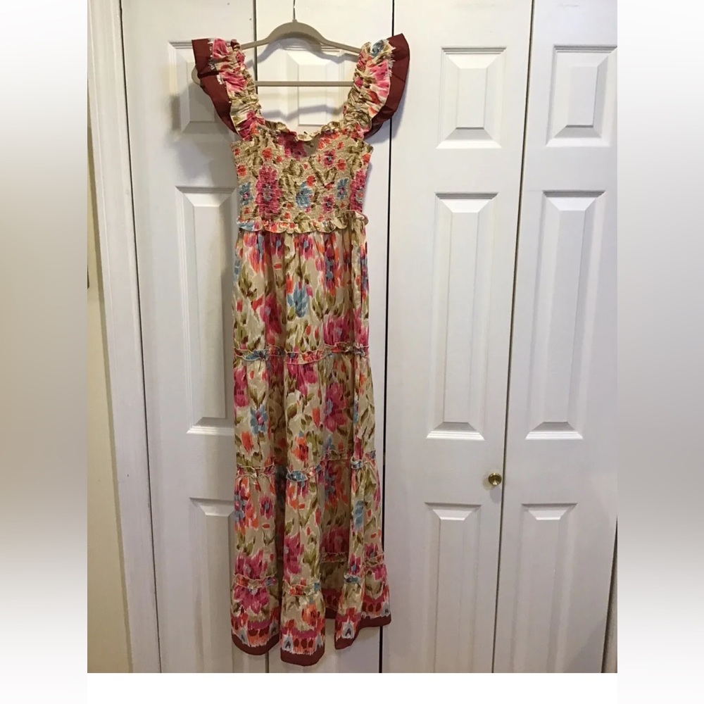 HOUSE OF HARLOW 1960 ZOEY KHAKI RUCHED FLUTTER SMOCKED MAXI DRESS